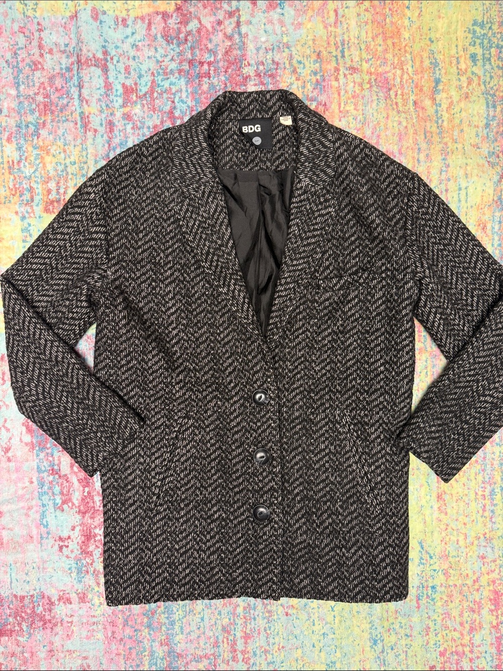 BDG Men’s Black and Gray Herringbone Button Down Shirt Jacket